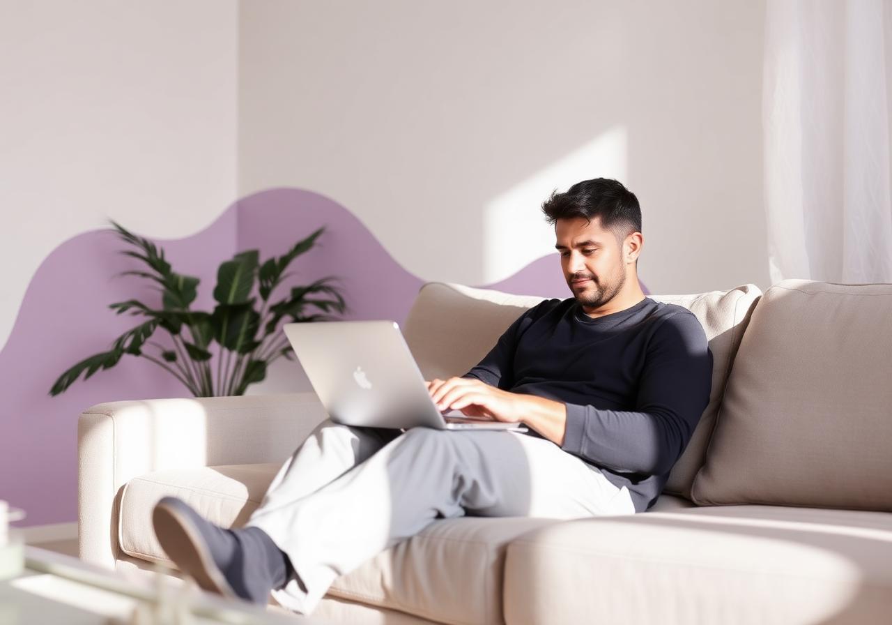 Pessoa tranquila em casa em sessão de terapia online