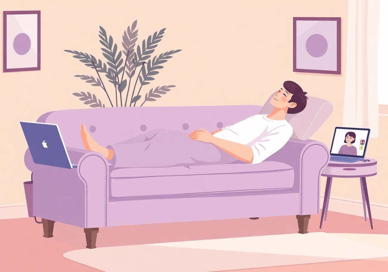 Paciente em divã durante sessão de terapia online em ambiente acolhedor
